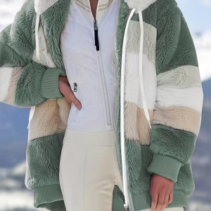 Color Block Hooded Teddy Coat, Casual Zip Up Long Sleeve Winter Warm Outerwear, Women's Clothing