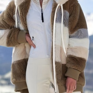 Color Block Hooded Teddy Coat, Casual Zip Up Long Sleeve Winter Warm Outerwear, Women's Clothing