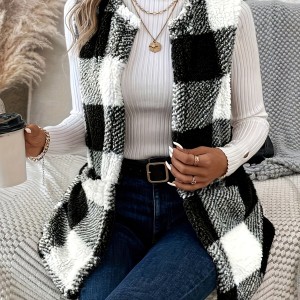 Plaid Pattern Teddy Vest, Casual Open Front Sleeveless Vest, Women's Clothing