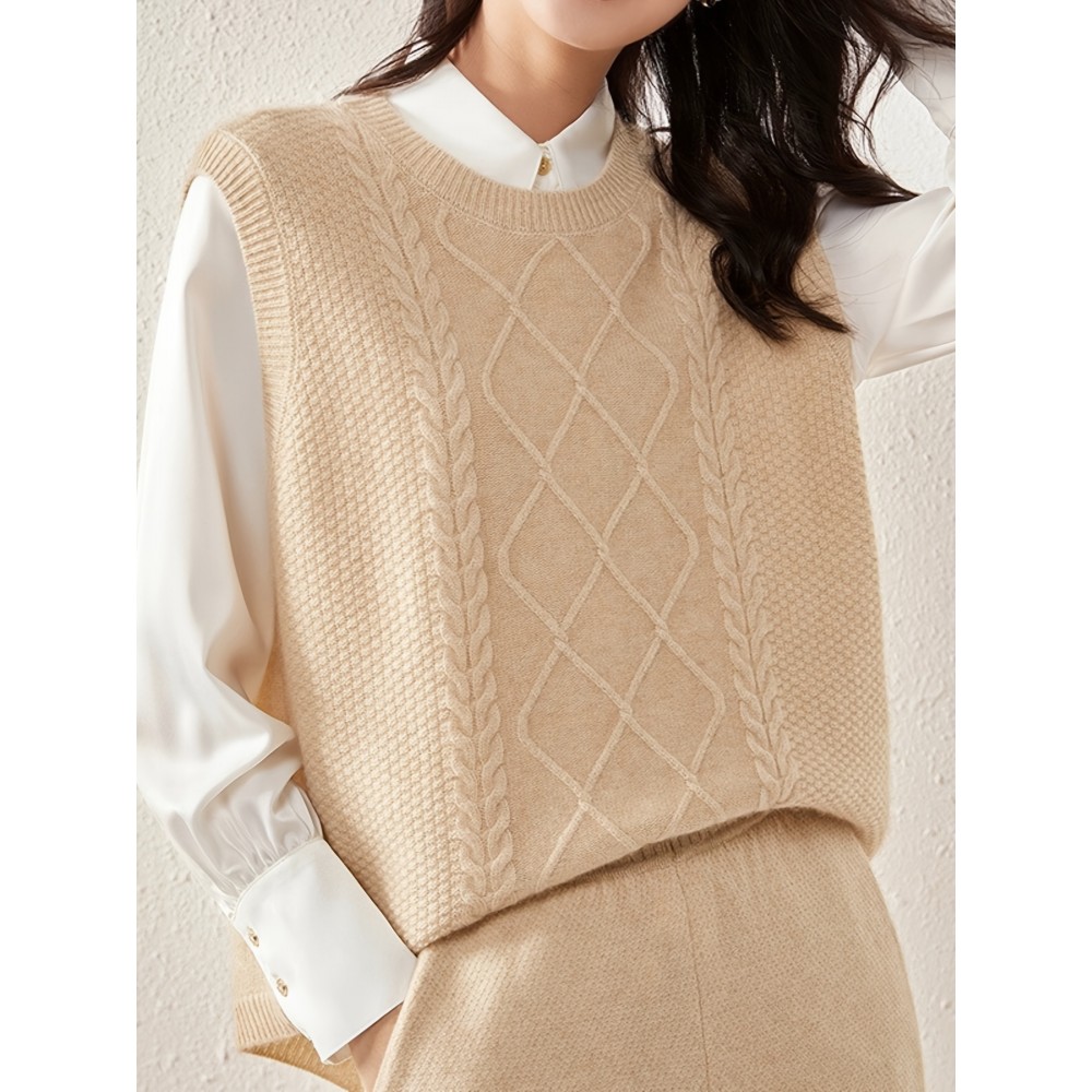 Solid Cable Knit Sweater Vest, Versatile Sleeveless Sweater For Fall & Winter, Women's Clothing