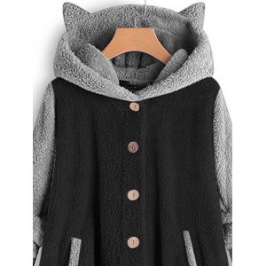 Color Block Hooded Coat, Dual Pockets Button Long Sleeve Coat, Casual Outerwear For Fall & Winter, Women's Clothing