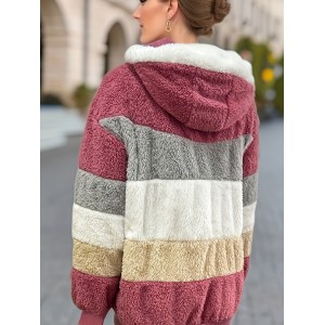 Color Block Fuzzy Hooded Coat, Casual Long Sleeve Winter Warm Outerwear, Women's Clothing