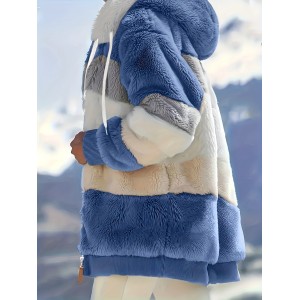 Fuzzy Color Block Coat, Casual Hooded Zip Up Drawstring Long Sleeve Outerwear, Women's Clothing