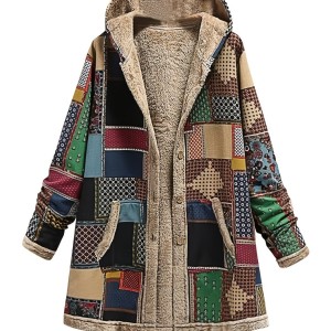 Retro Patchwork Hooded Jacket, Long Sleeve Button Up Casual Lightweight Outerwear For Fall & Winter, Women's Clothing