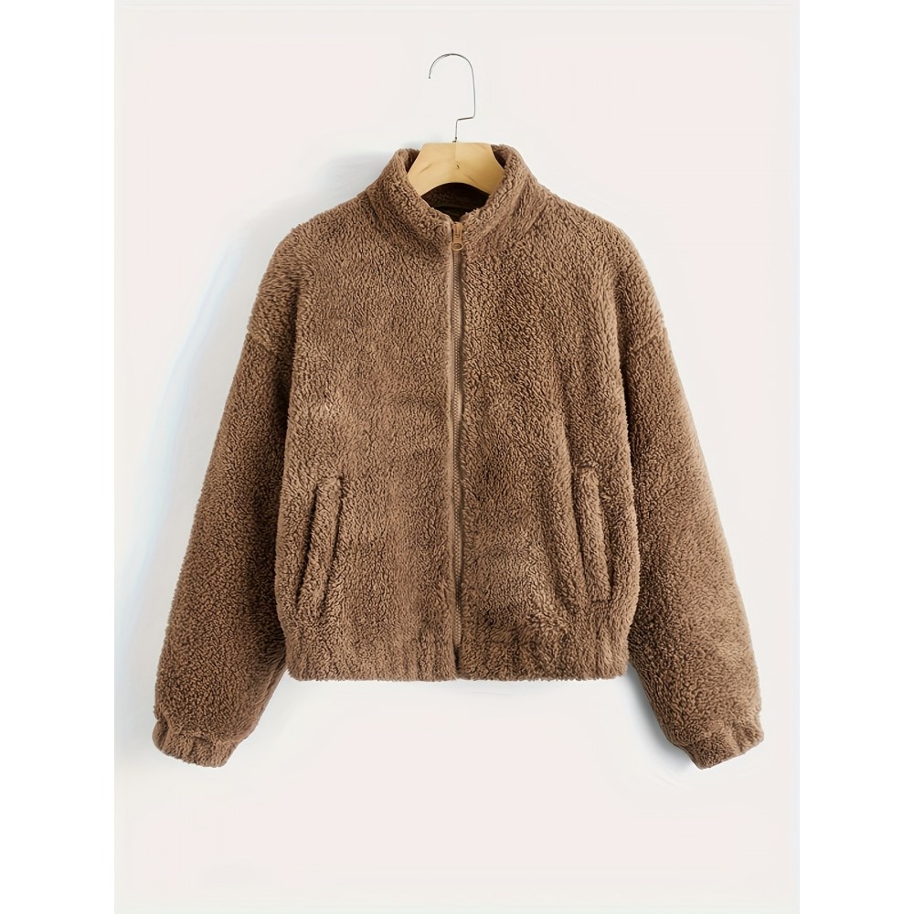 Zip Up Solid Teddy Jacket, Casual Simple Winter Warm Outerwear, Women's Clothing