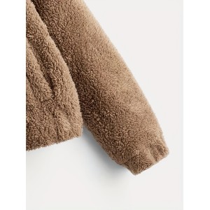 Zip Up Solid Teddy Jacket, Casual Simple Winter Warm Outerwear, Women's Clothing