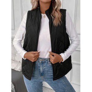 Argyle Pattern Fall & Winter Vest, Casual Zip Up Sleeveless Vest, Women's Clothing