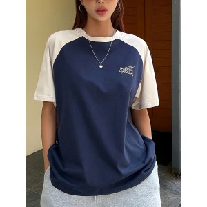 Letter Print Colorblock Crew Neck T-Shirt, Casual Raglan Sleeve Top For Spring & Summer, Women's Clothing
