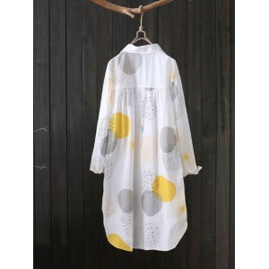 Allover Print Button Front Blouse, Casual Long Sleeve Thigh Length Blouse For Spring & Fall, Women's Clothing