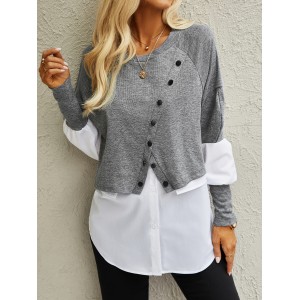 Colorblock Button Decor Asymmetrical T-Shirt, Casual Paneled Long Sleeve Top For Spring & Fall, Women's Clothing