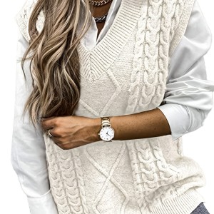 Cable V-Neck Sweater Vests, Casual Loose Sleeveless Fall Winter Knit Sweater Vest, Women's Clothing