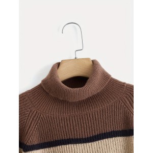 Bear Pattern Striped Pullover Sweater, Cute Turtle Neck Long Sleeve Crop Sweater, Women's Clothing