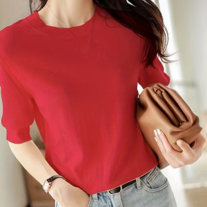 Half Sleeve Knit Swearter, Casual Crew Neck Solid Sweater For Spring & Summer, Women's Clothing