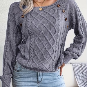 Solid Cable Knit Sweater, Casual Crew Neck Long Sleeve Sweater, Women's Clothing