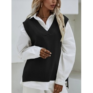 Solid V Neck Knitted Vest, Casual Sleeveless Dipped Hem Split Sweater, Women's Clothing