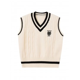 Badge Pattern V Neck Knitted Vest, Casual Sleeveless Preppy Style Sweater, Women's Clothing