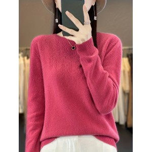 Solid Crew Neck Wool Sweater, Casual Long Sleeve Cozy Basic Sweater, Women's Clothing