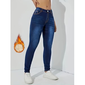 Fleece Liner Casual Skinny Jeans, Slant Pockets Slim Fit Stretchy Tight Jeans, Women's Denim Jeans & Clothing