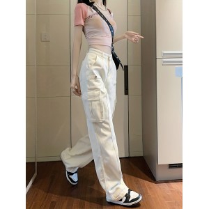 Plain Flap Pockets Cargo Pants, Non-Stretch Loose Fit High Waist Y2K & Kpop Style Straight Jeans, Women's Denim Jeans & Clothing