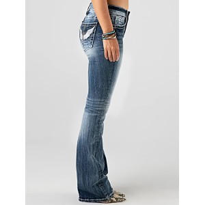 Wing Embroidery Stylist Bootcut Jeans, Mid-stretch Vintage Washed Fit Denim Pants, Women's Denim Jeans & Clothing