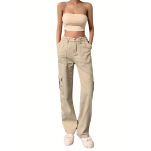 Loose Fit High Waist Cargo Pants, Wide Legs High Rise Flap Pockets Non-Stretch Straight Legs Denim Pants, Y2K Kpop Vintage Style, Women's Denim Jeans & Clothing