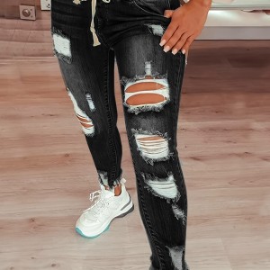 Plain Ripped Holes Skinny Jeans, Slim Fit Frayed Hem Drawstring Elastic Waist Denim Pants, Women's Denim Jeans & Clothing