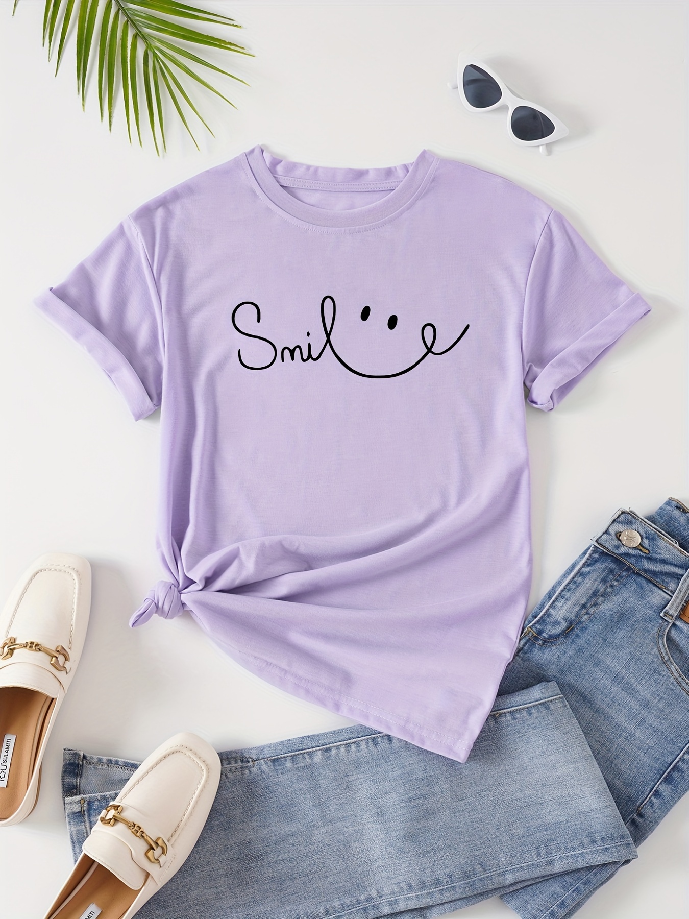 letter print crew neck t shirt casual short sleeve top for spring summer womens clothing details 0